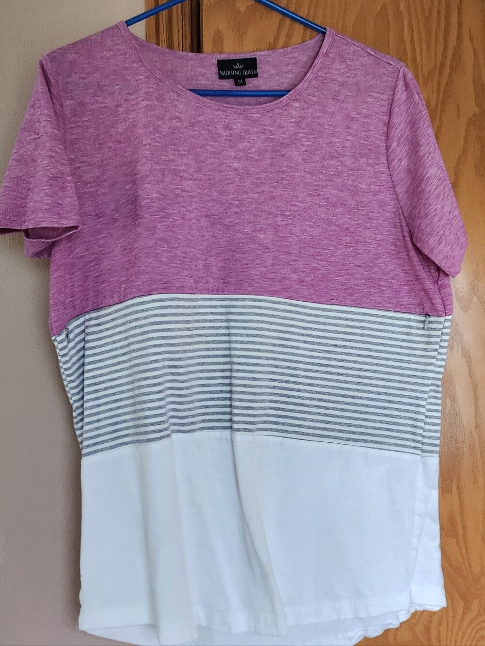 Nursing Queen Heathered Pink, Gray Stripe & White Colorblock Tee
